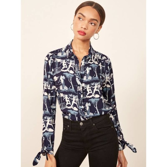 Reformation Corinne Button Up Printed Shirt Grecian Delphi Size L - Picture 9 of 10